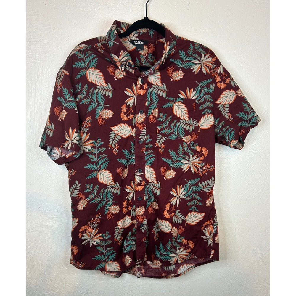 Eddie Bauer Mens Large Short Sleeve Button Down Shirt Burgundy Tropical Leaf